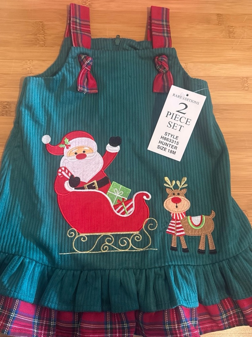 Rare Editions Green & Red Santa Reindeer Corduroy Toddler Set